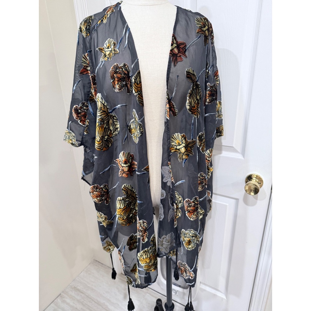 Floral Velvet Burnout Kimono Sheer Mesh Tassel Wrap Black Gold Large